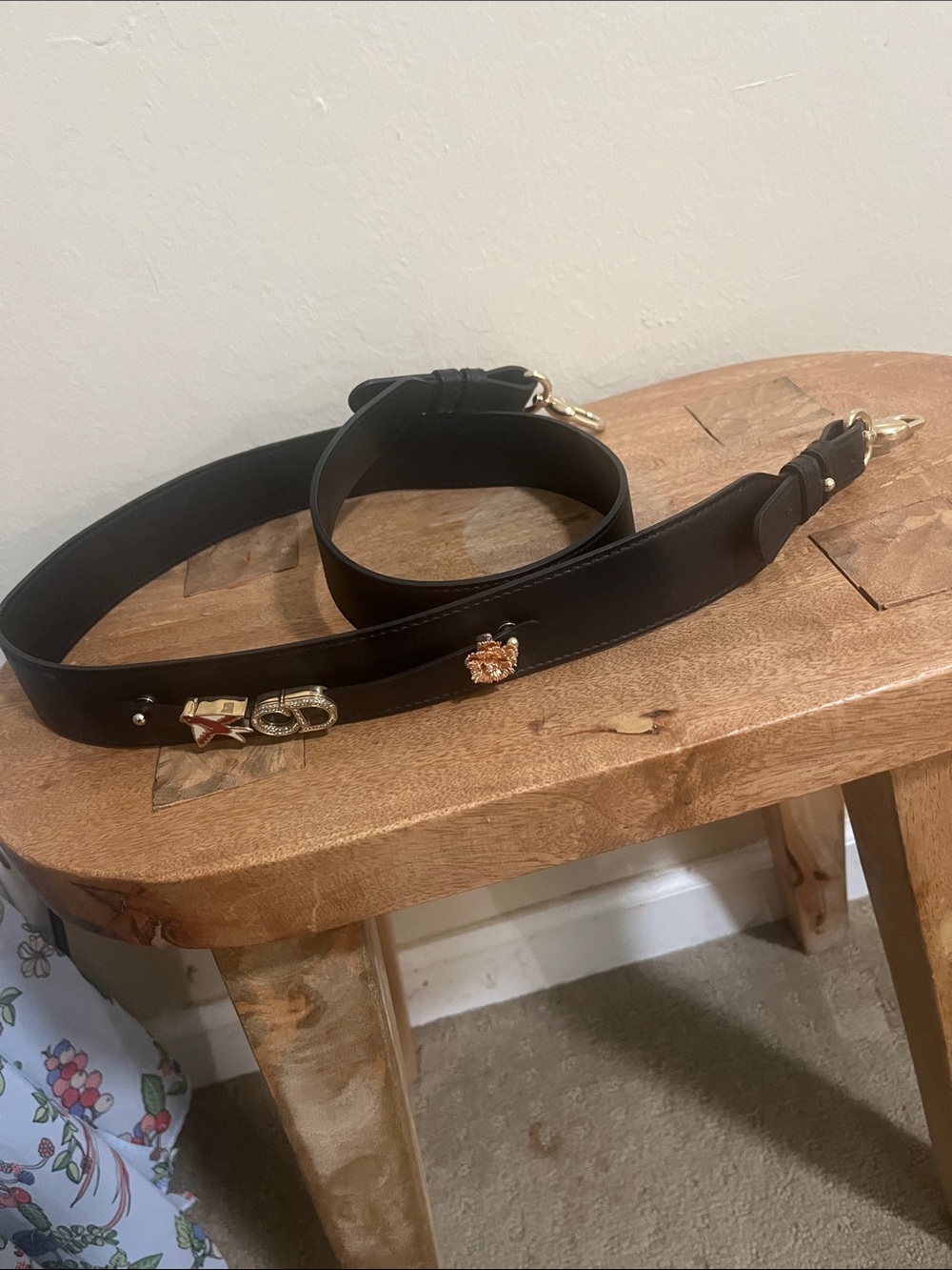 Adjustable Black Leather Bag Strap with Gold-Tone Accents